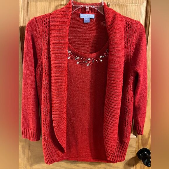 Laura Scott Sweaters - Laura Scott Red Cardigan with Embellished Neckline